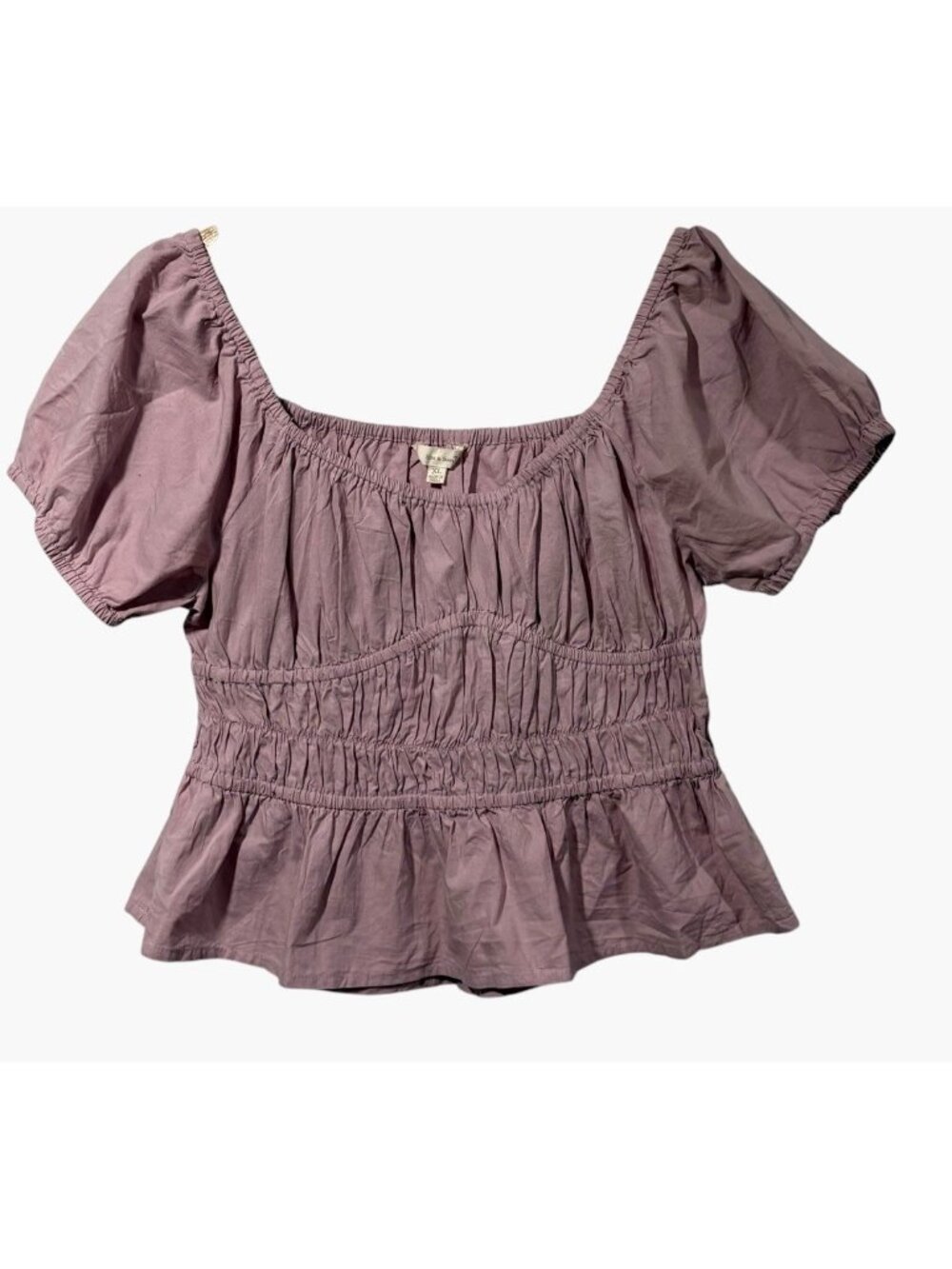SIM & SAM Lilac Pink Smocked Waist Peasant Milkmaid Top Peplum Hem Size XL